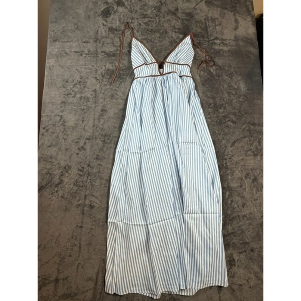 Solace Blue White Striped Maxi Dress Brown Trim Smocked Back Size M NWT